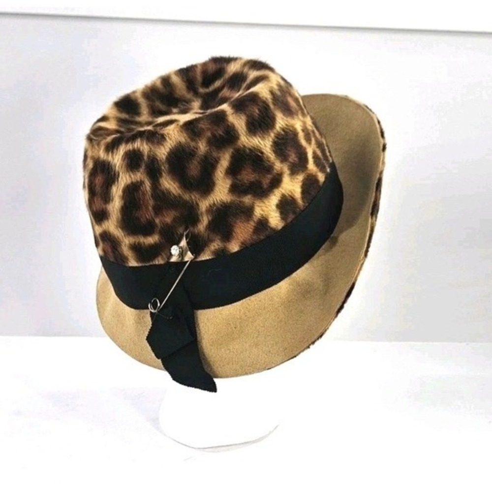 Vtg Original Chesterfield Faux Fur Leopard Print Felt Fedora & Hat Pin WS/M ~7"